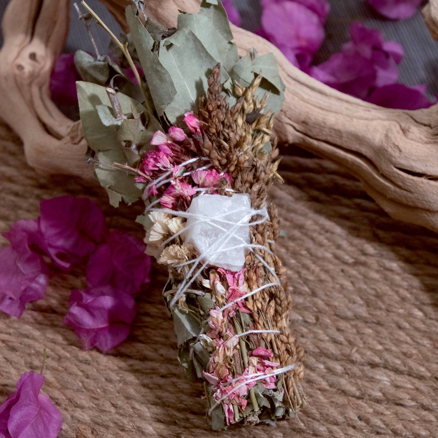 6" Pink Flower Floral Smudge Wand with Quartz Crystal