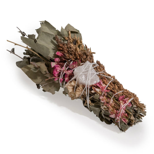 6" Pink Flower Floral Smudge Wand with Quartz Crystal
