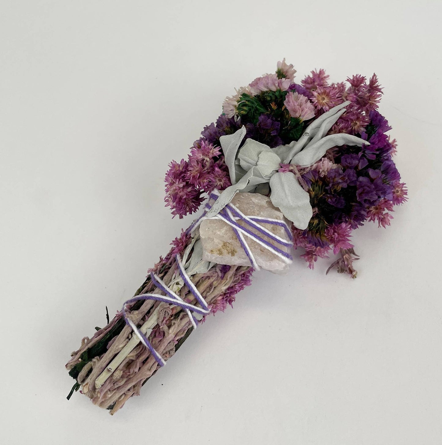 6" Pink & Purple Floral Smudge Wand w/ Sage & Quartz Crystal