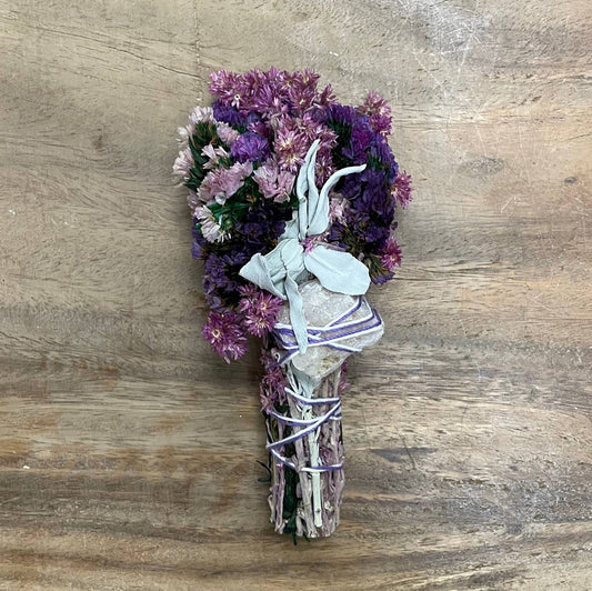 6" Pink & Purple Floral Smudge Wand w/ Sage & Quartz Crystal